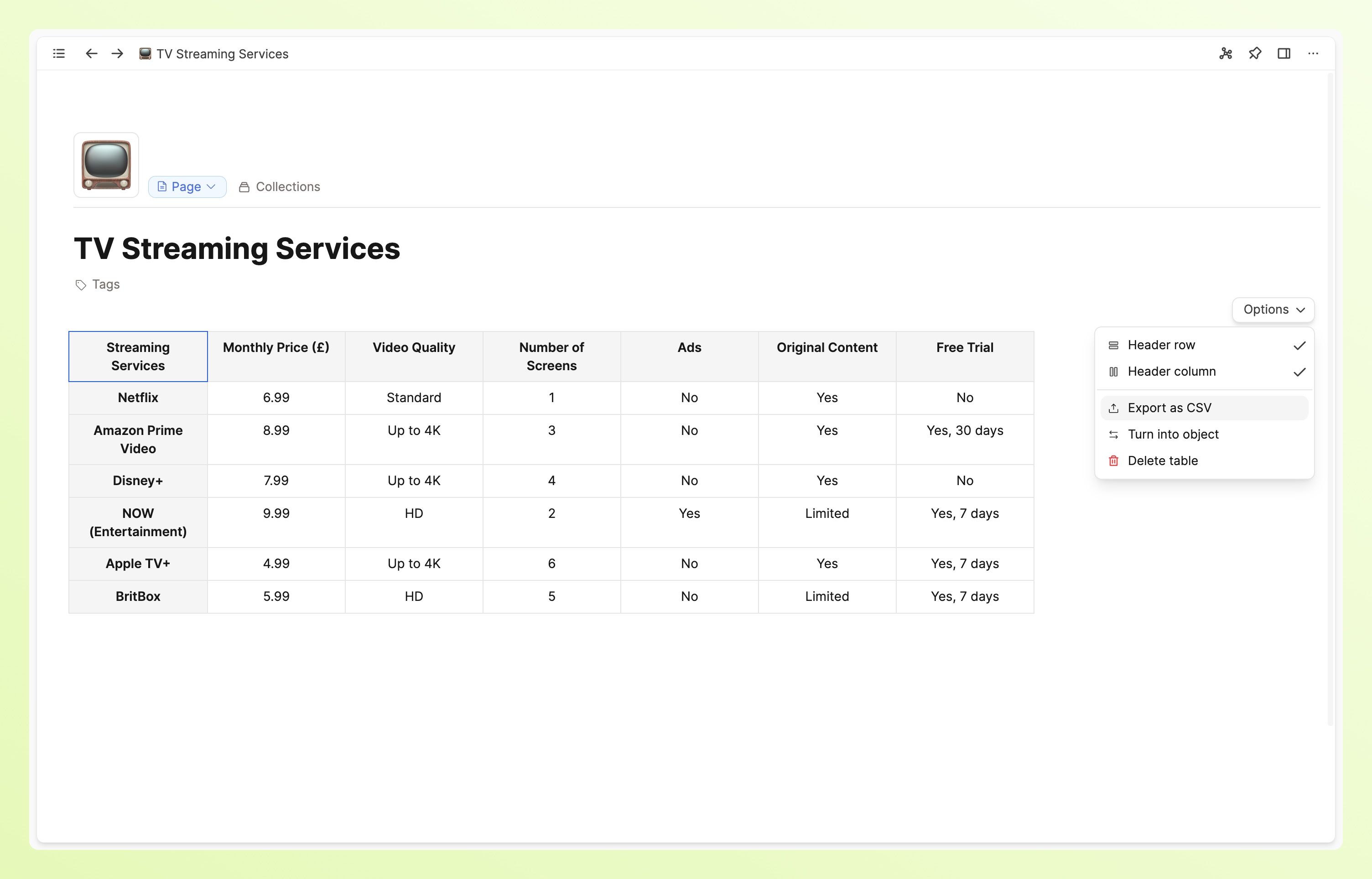 Export table