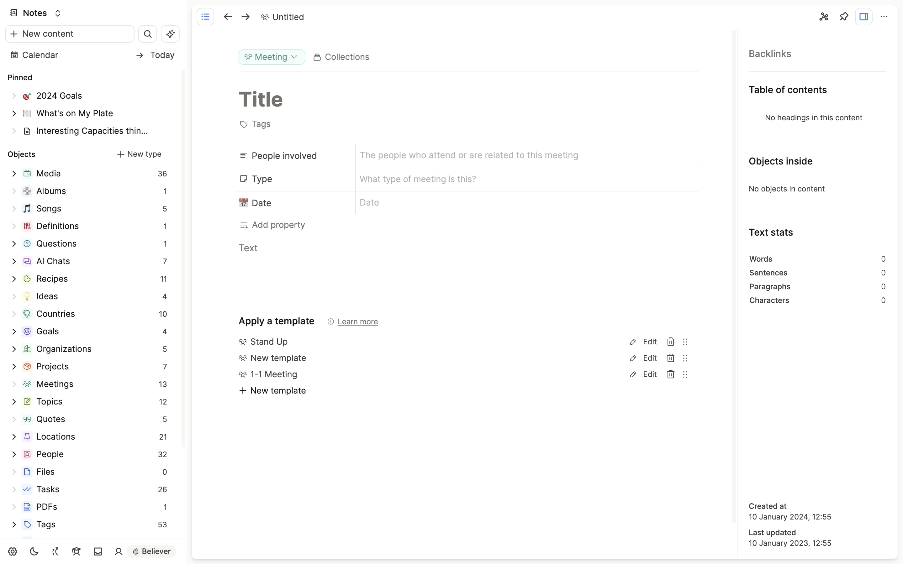 Template section on empty meeting