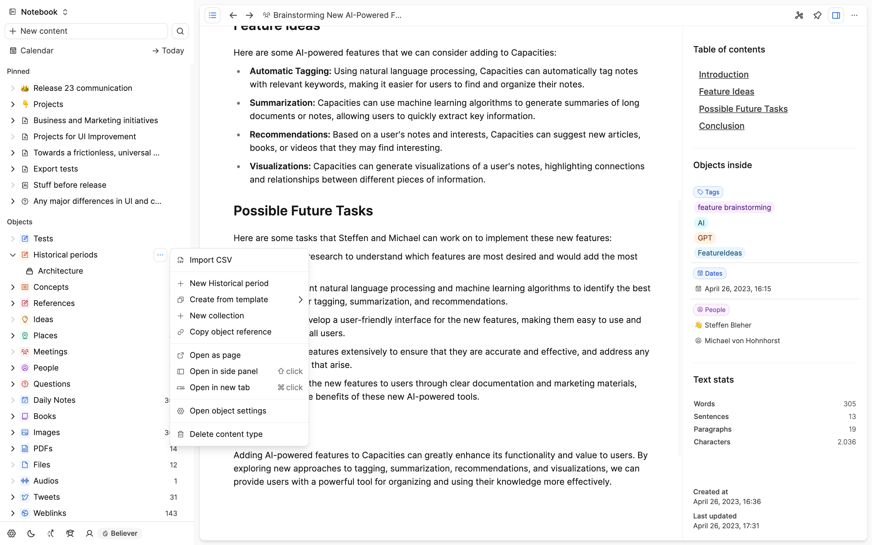 Object menu page